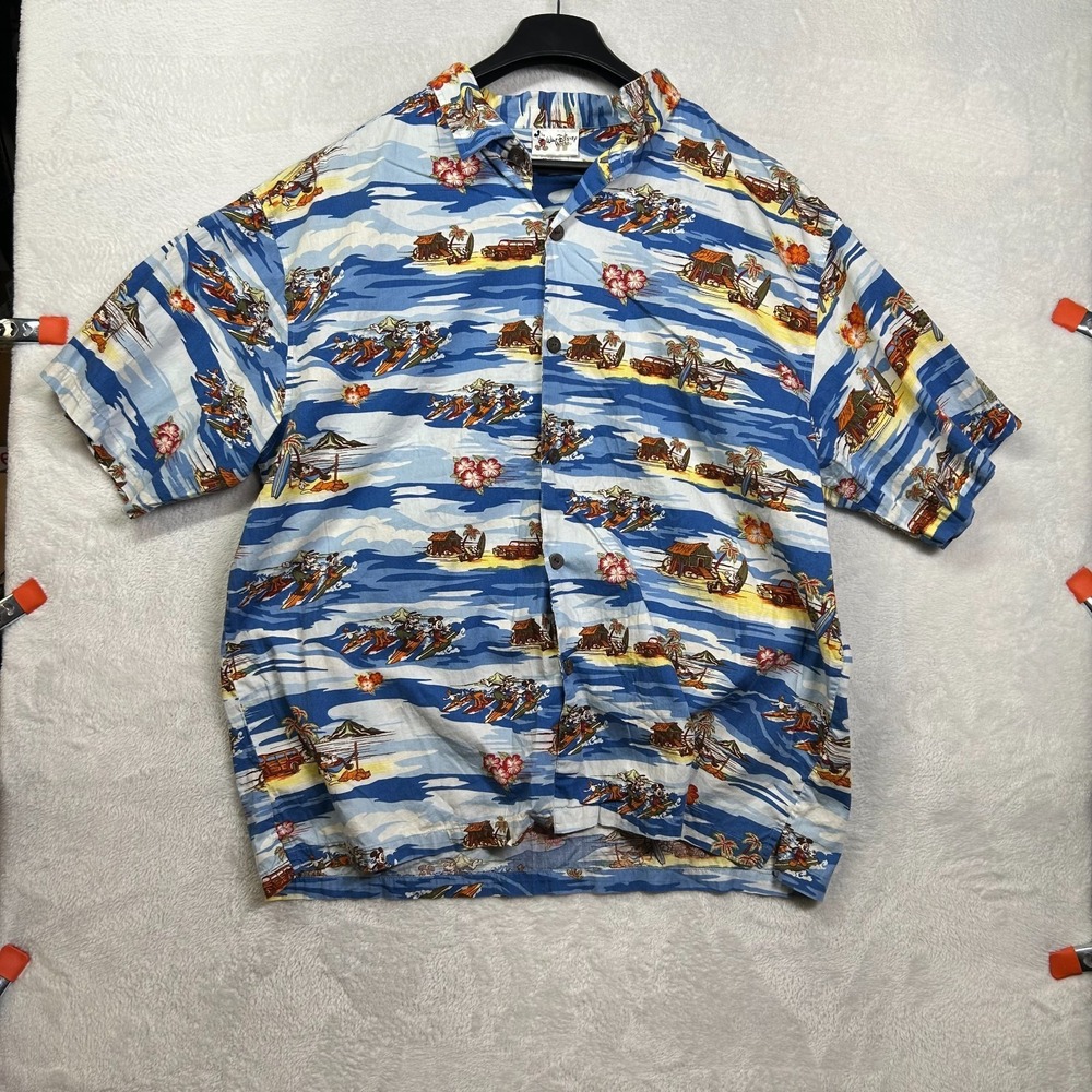 Walt‎ Disney World Hawaiian Shirt Men's Blue Tropical Short Sleeve Beach - XL